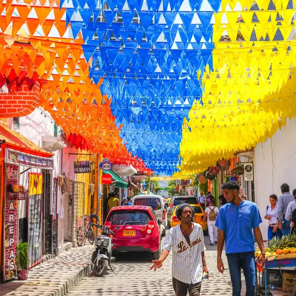 Cartagena street with colourful flags